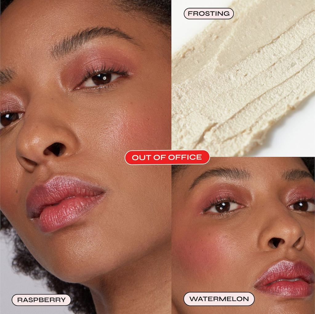 Makeup product swatches with a close-up of a woman's face, showing blush and lip colors labeled "raspberry', 'frosting', and 'watermelon'.