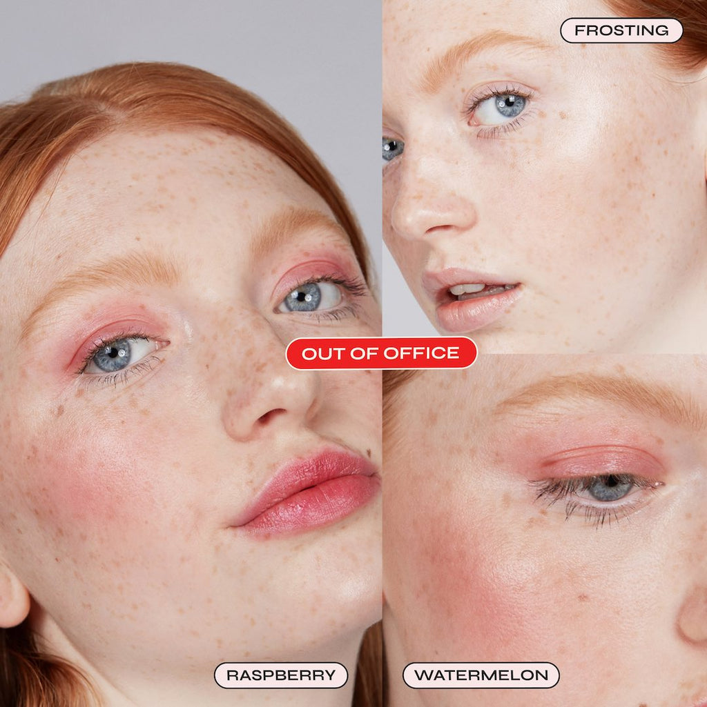 Close-up of a person's face with different makeup colors labeled 'Raspberry', 'Frosting', and 'Watermelon'.