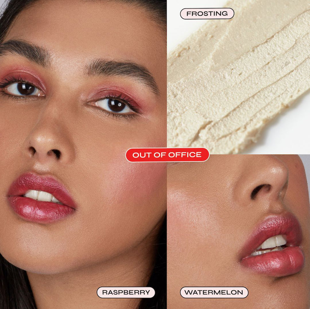Makeup product swatches with a close-up of a woman's face, showing blush and lip colors labeled "raspberry', 'frosting', and 'watermelon'.