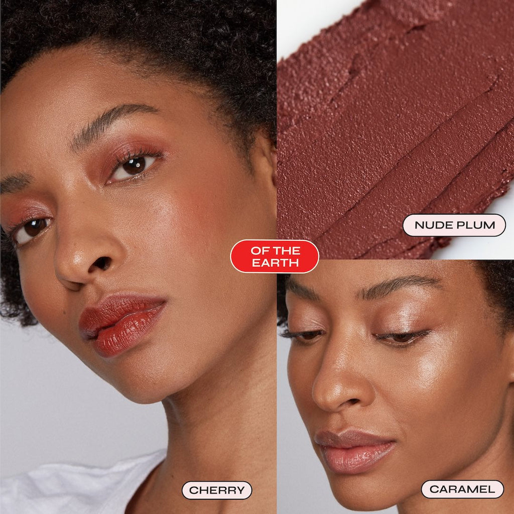 Makeup swatches labeled 'Nude Plum', 'Cherry', and 'Caramel' applied to a model's face.