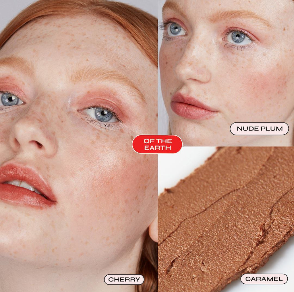 Close-up of a person's face with different makeup shades labeled, including 'Nude Plum', 'Cherry', and 'Caramel'.