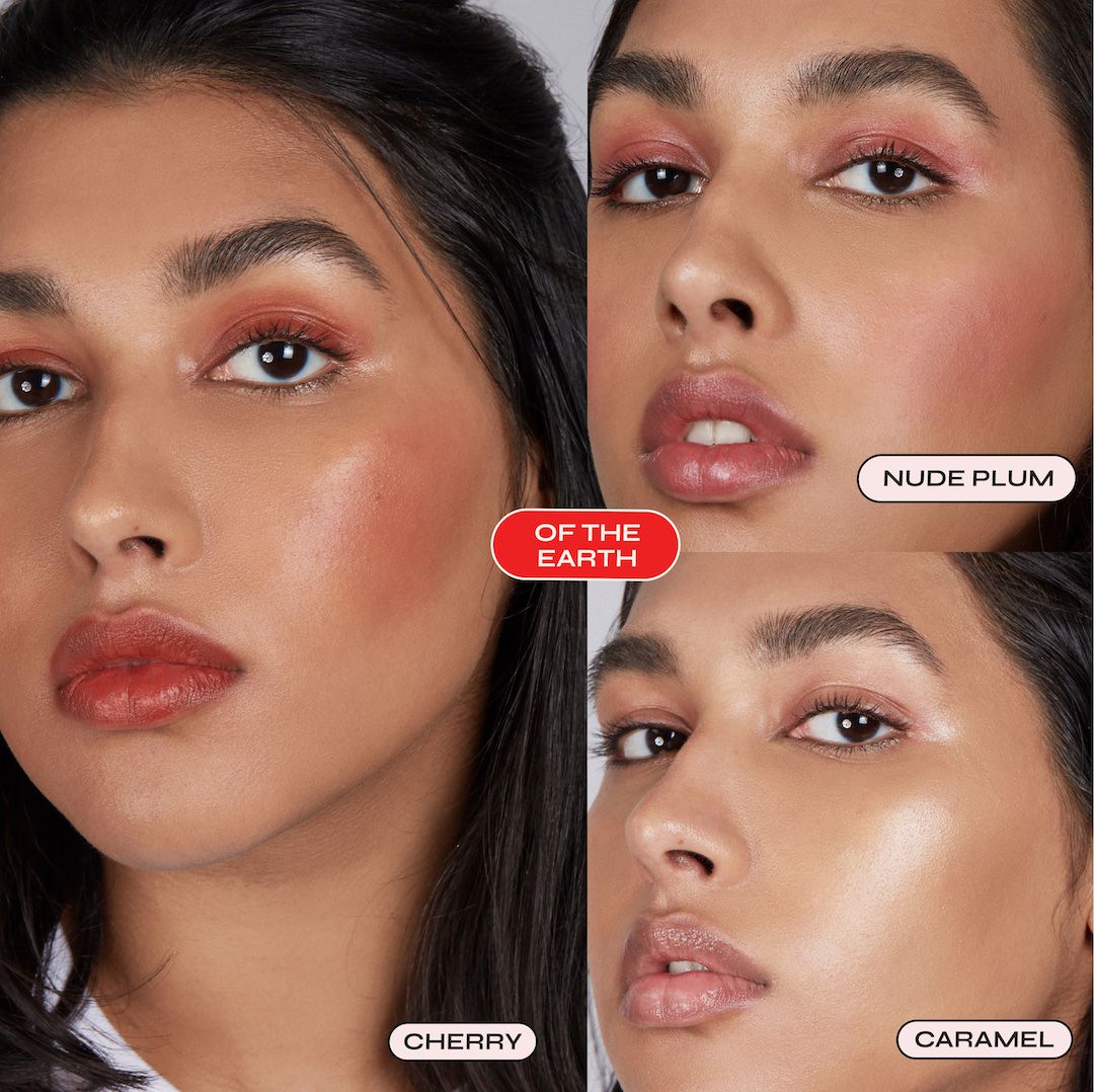 Close-up of a woman's face with different makeup color swatches labeled 'Of the Earth', 'Nude Plum', 'Cherry', and 'Caramel'.