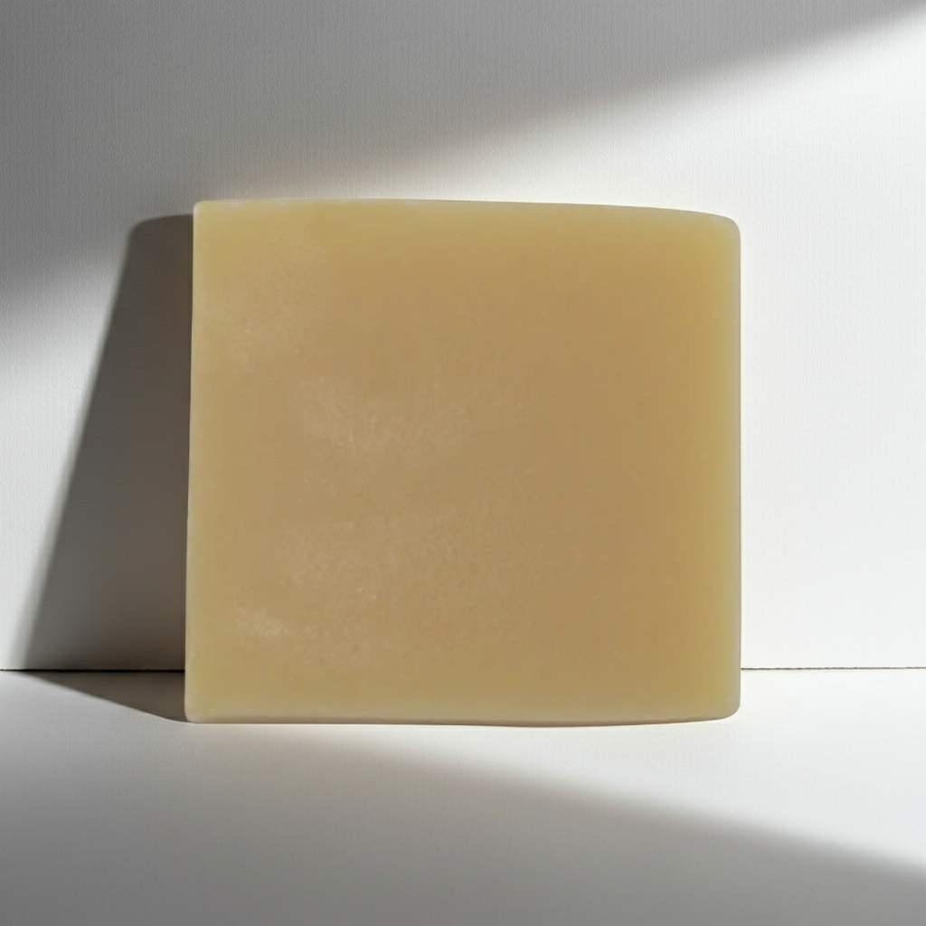Beige bar of soap on a white background