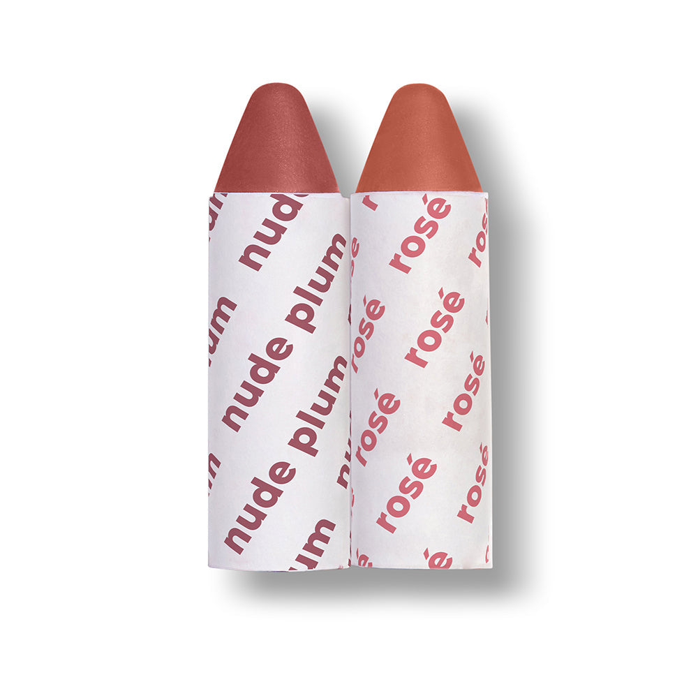 Two lipsticks with 'nude plum' and 'rosé' text on white background