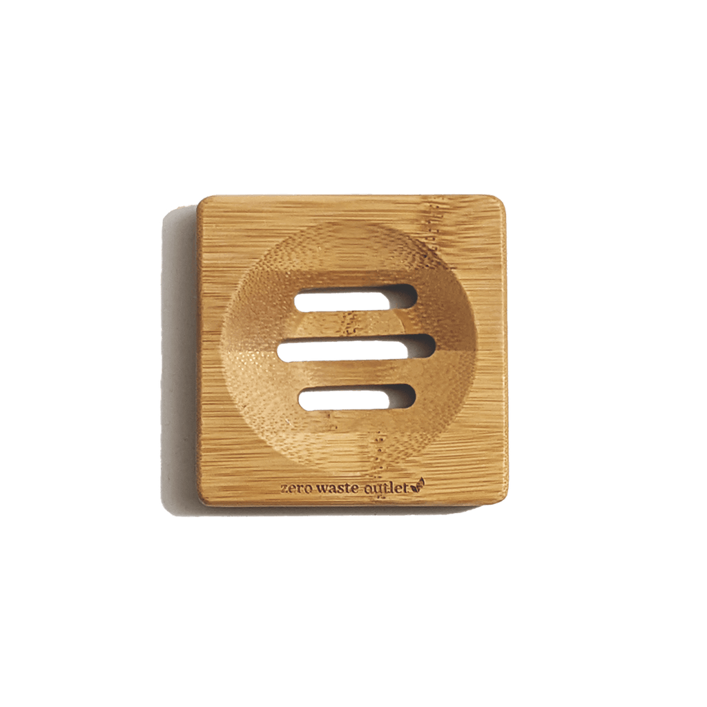 Bamboo soap dish with 'zero waste outlet' branding on a transparent background