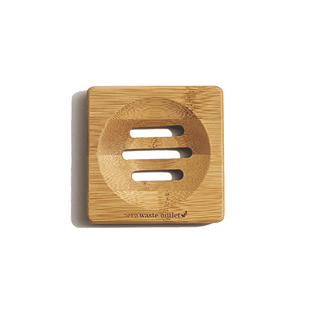 Bamboo soap dish with 'zero waste outlet' branding on a transparent background