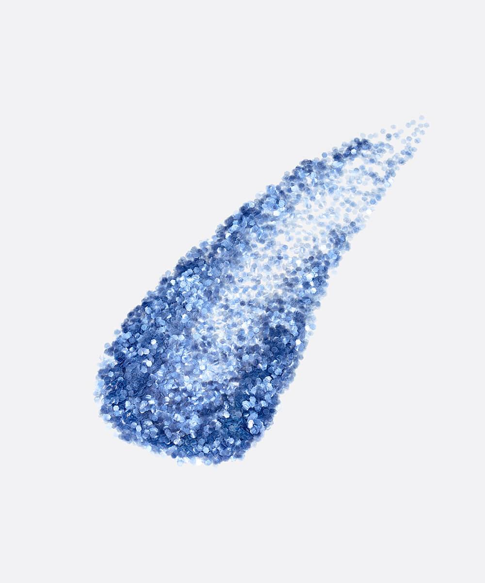Blue glittery makeup swatch on a white background