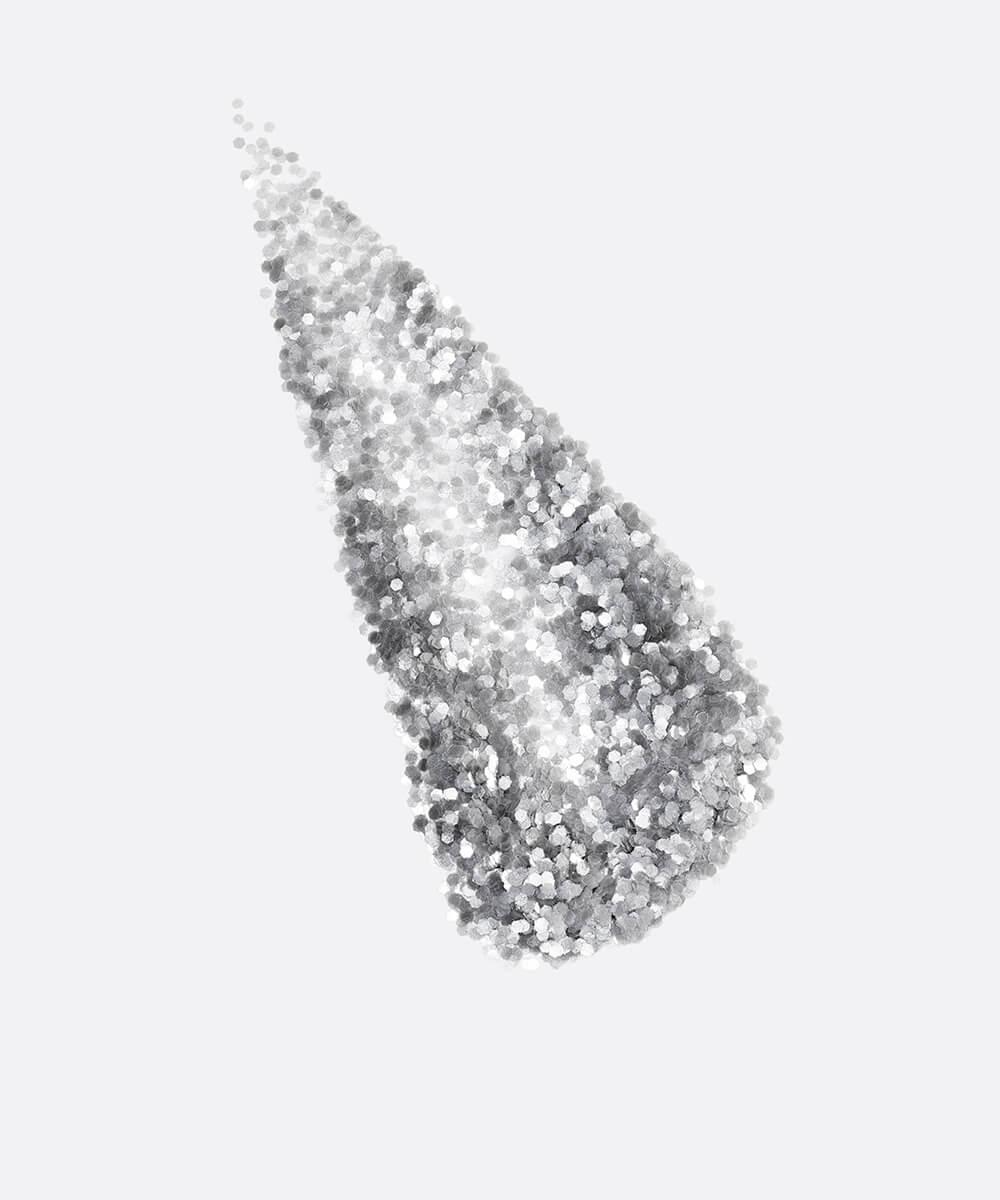 Silver glittery makeup swatch on a white background